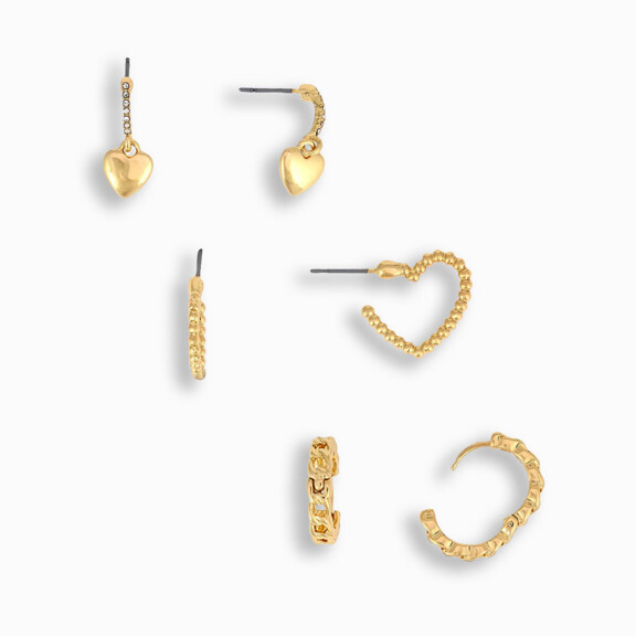 Dauplaise Dauplaise Gold-Tone Trio Hoop and Heart Drop Earring Set
